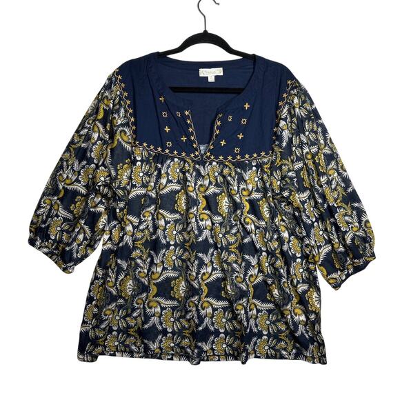 Suzanne Betro Tops - Weekend by Suzanne Betro Floral Embroidered Boho Tunic Blouse Top Blue Gold 2X
